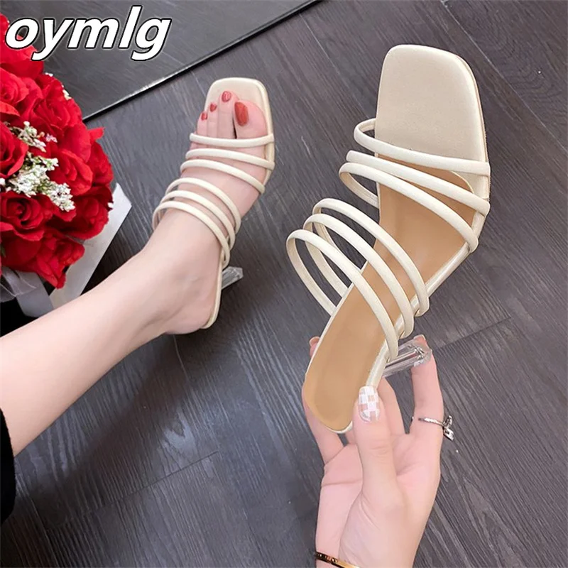 

Simple thin strap open toe sandals and slippers women's summer new fashion square head stiletto high heels large size 42