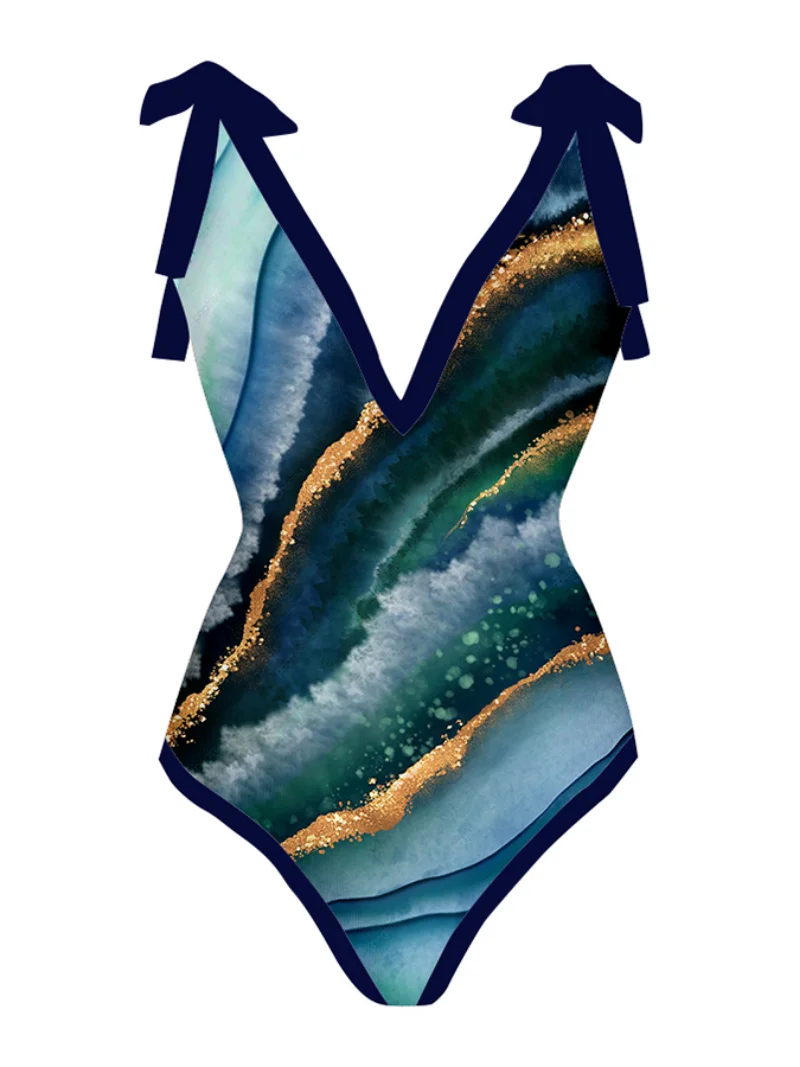 Fashion Striped V-neck Printed Bikini Sexy Waist Backless Swimsuit Independent Straps Cover-up Blouse  2023 Pre-sale Swimwear