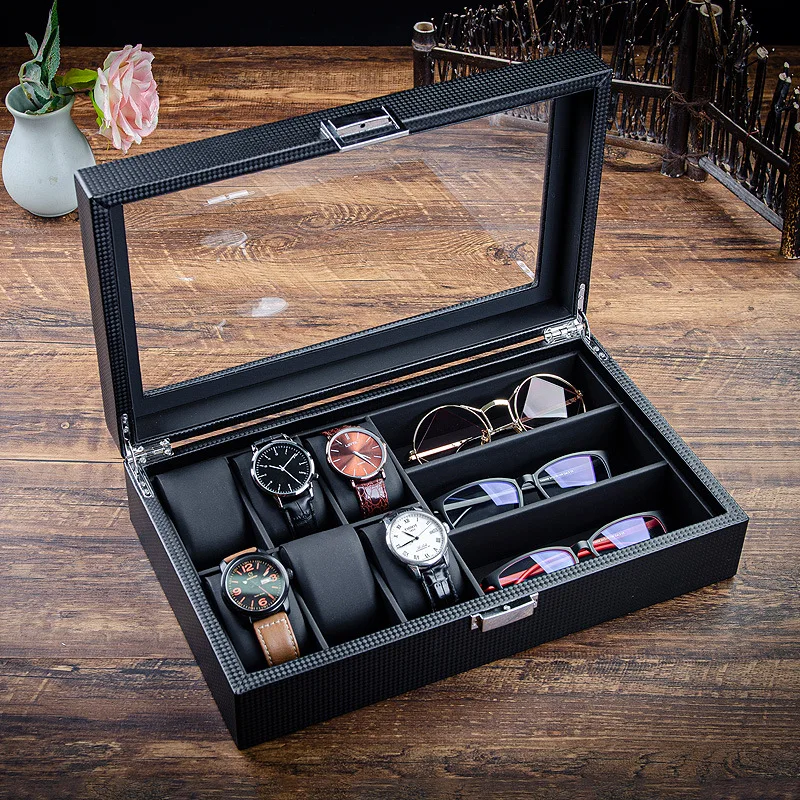 Carbon fiber leather watch box glasses storage and arrangement myopia sunglasses sunglasses watch with lock display box