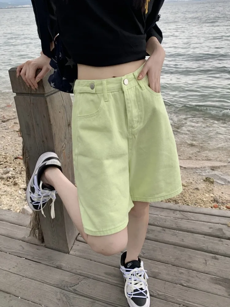 GUUZYUVIZ Summer Straight Tube Loose Wide Leg Denim Shorts Women High Waist Slim Casual Capris Candy Color