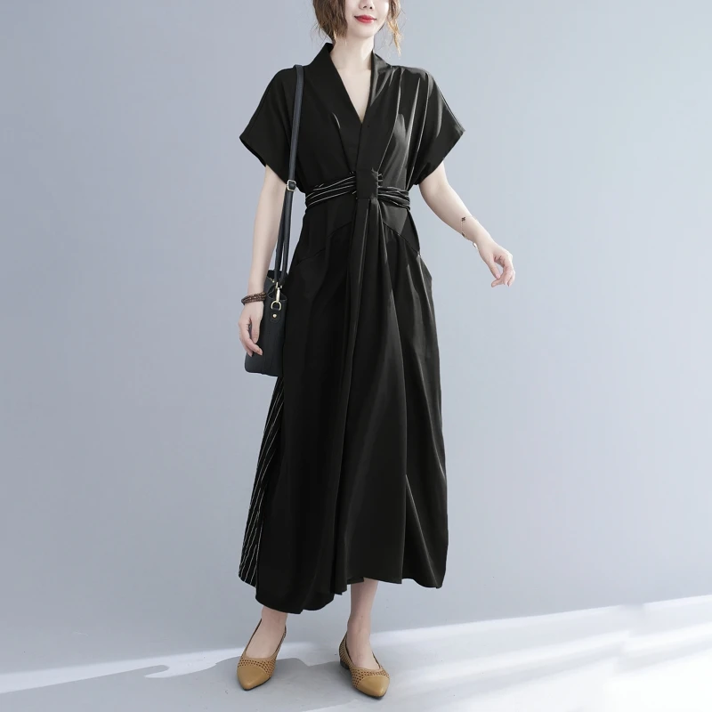 

SuperAen 2022 Summer Plus Size V Neck Slim Strap Loose Straight Patchwork Striped Dresses Women
