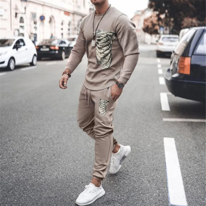 

Men Suit Spring Autumn High Street Casual Skeleton Print Long Sleeve Round Neck Pullover Top Mid Waist Trousers Two Piece Suit