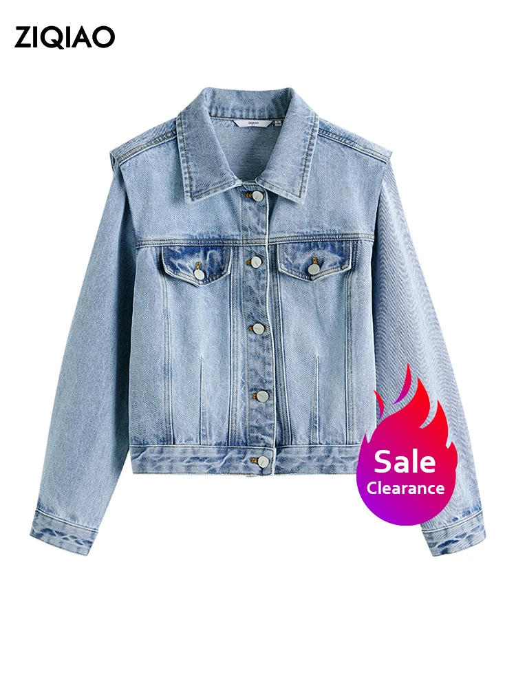 

ZIQIAO【Clearance Sale】Turn-down Collar Full Sleeve Coat Right Angled Shoulder Short Denim Jacket Office Lady Solid Casual Coats