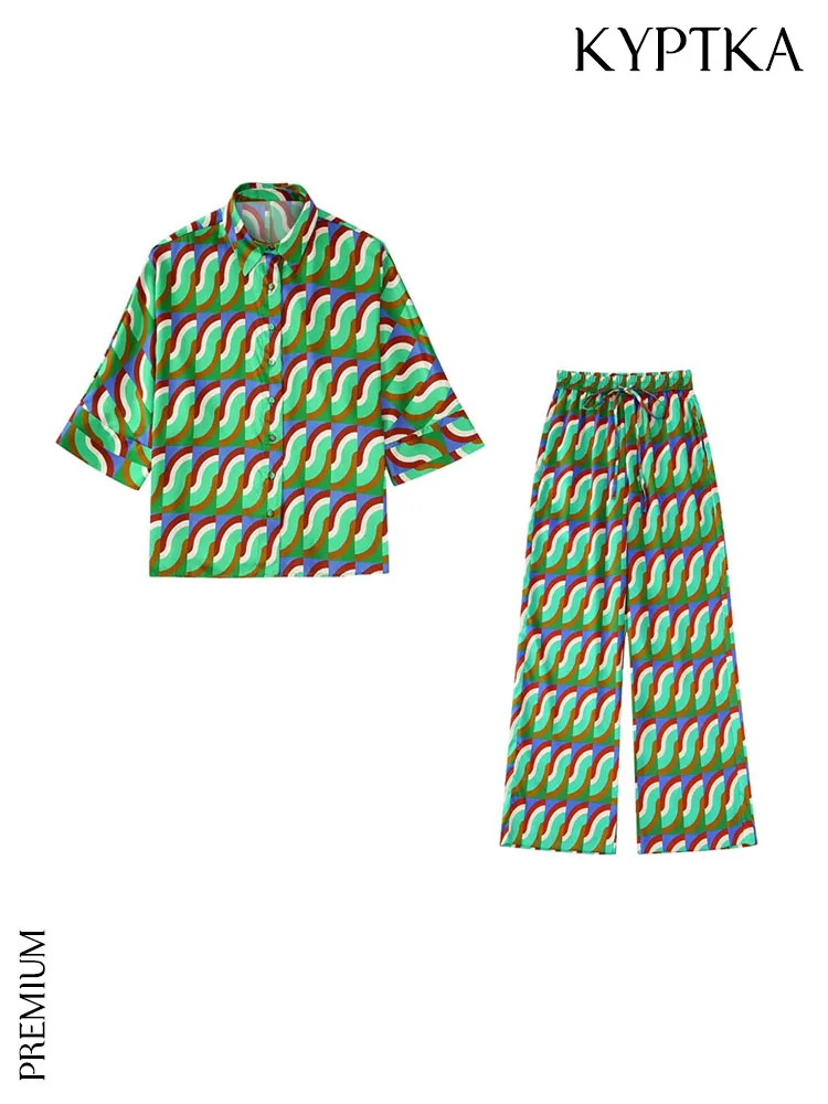 

KYPTKA Women Fashion Geometric Print Loose Shirts And High Elastic Waist Drawstring Trousers Female Two Piece Sets Mujer