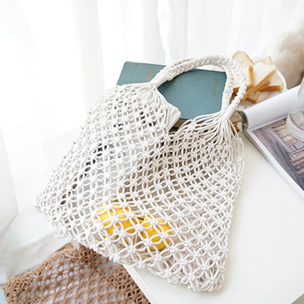 

Bag Beach Bags Meshwoven Tote Knitted String Cotton Straw Shoulder Grocery Purse Shopping Handbag Travel Crochetpackable White