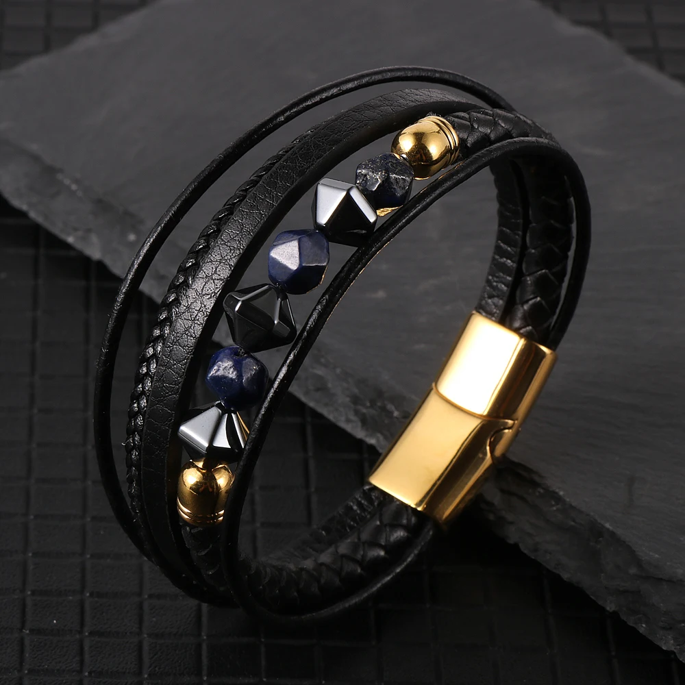 

Punky Men's Multilayer Genuine Leather Bracelet With Face Natural Stone Agate Hematite Beads Wristband Handcuff Bangles Jewelry