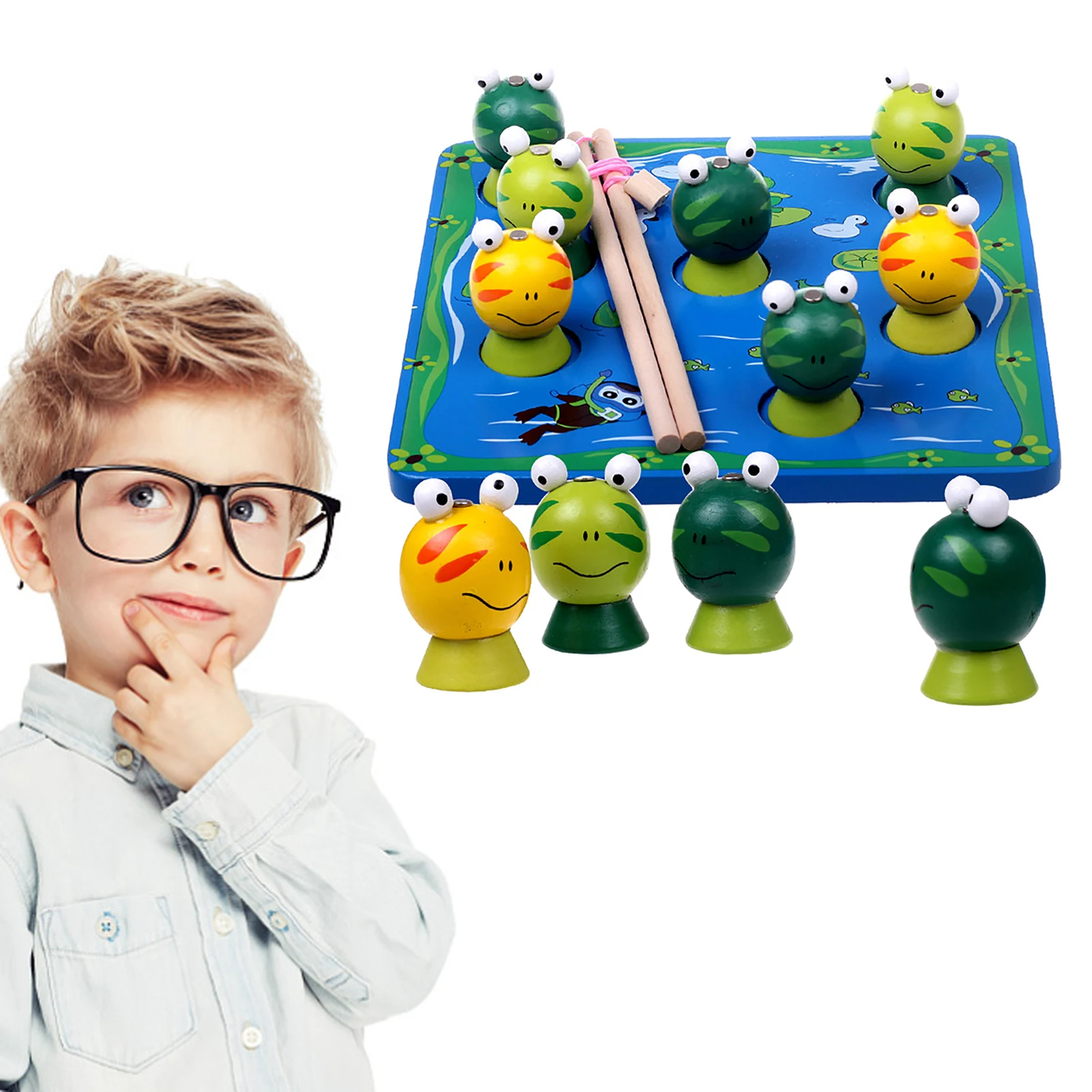 

Wooden Magnetic Fishing GameMontessori Toys With 2 Magnet Poles And 7 Magnetic Fishing Frog Toys Parent-child Interactive Games