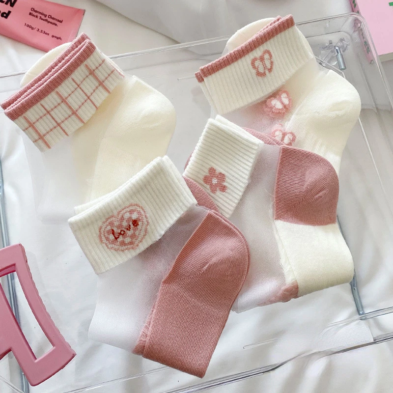 Summer thin women's glass silk socks Transparent Cotton Bottom Breathable Pink Cute Flower Socks