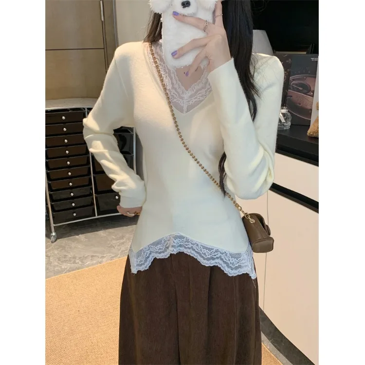 Pure Desire Temperament Кружевная строчка Свитер с v-образным вырезом и длинными рукавами