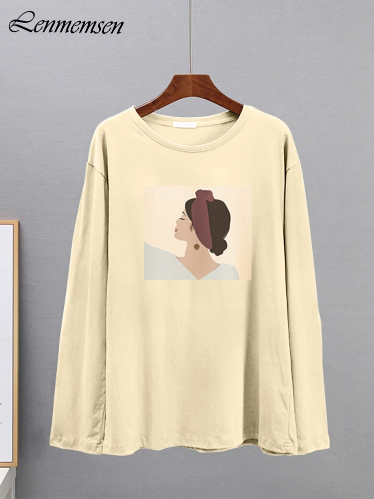 Lenmemsen весенние хлопковые футболки с длинным рукавом для женщин повседневные