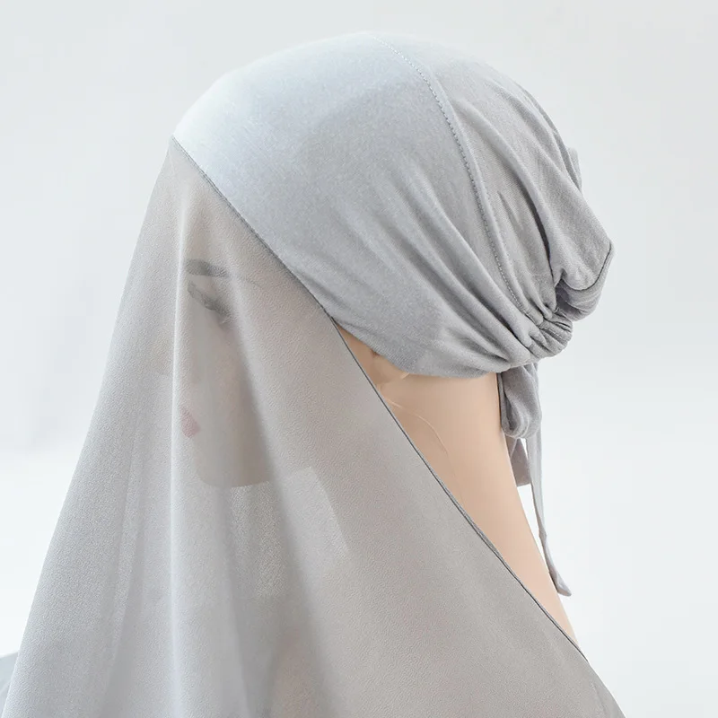 Women Underscarf Headscarf Turban Bonnet Cap Attached Chiffon Instant Hijab Adjustable Neck Cover Muslim Headwrap Long Shawl New