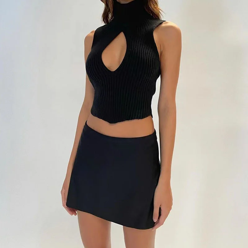 Woolen Sweater Hollow Out Design Girl Pure Desire High Neck Sweater Vest Autumn And Winter Knitting Vest