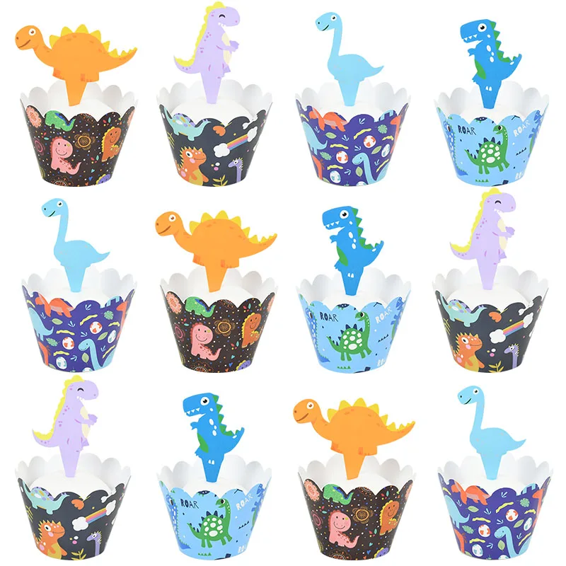 24Pcs Dinosaur Cupcake Wrappers Cake Toppers Dinosaur Theme Kids Birthday Cake Decor For Baby Shower Jungle Dino Party Supplies