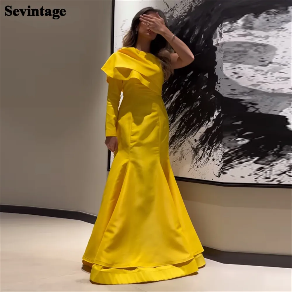 

Элегантное блестящее атласное платье Sevintage желтого цвета с открытым плечом и длинным рукавом, платье в пол, платье для торжества