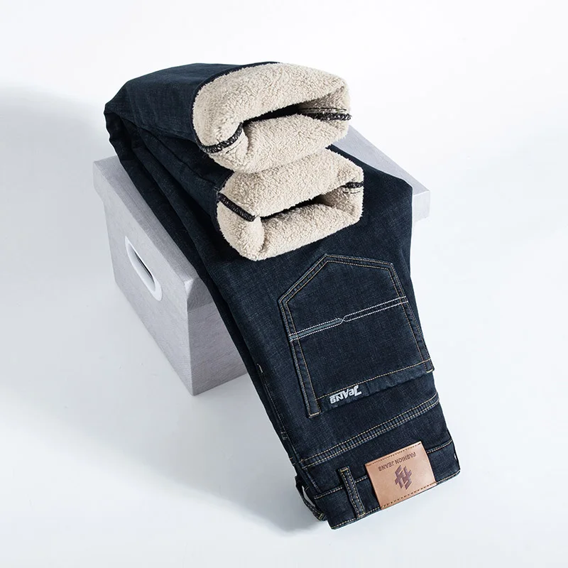 

Плотные зимние мужские прямые деловые флисовые джинсы, Теплые повседневные классические удобные эластичные бархатные джинсовые брюки для мужчин