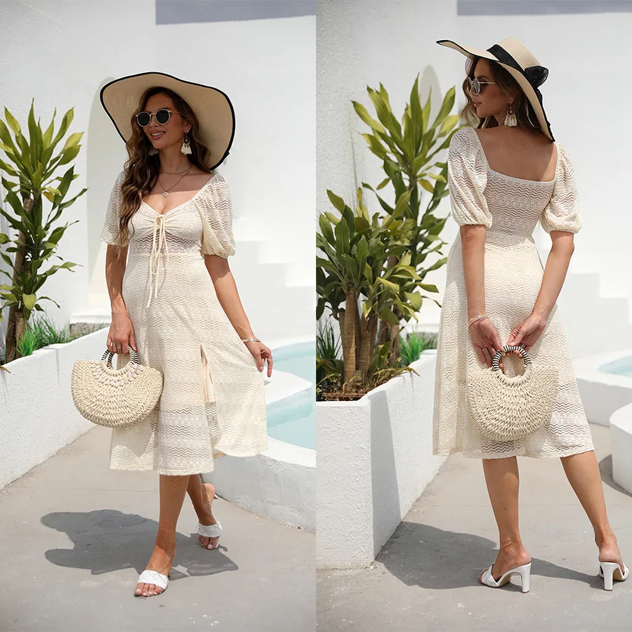 

Dress Elegant Mid-Length Summer Spring Square Collar High Waist Design Dress Women Short Sleeve Solid Color Sexy