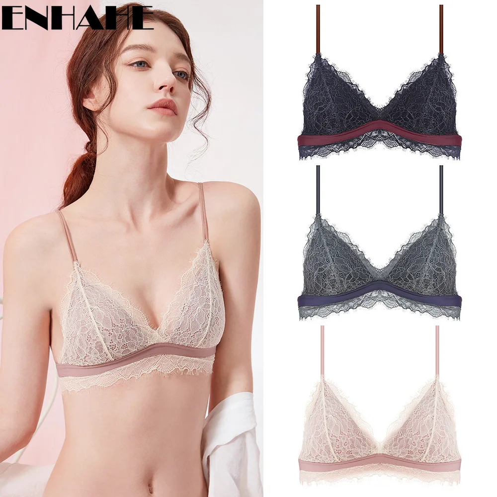 

New Spring and Summer Ultra-thin French Triangle Cup Underwear Bra Set Ladies Big Breasts Show Small Breasts Gathered Lace