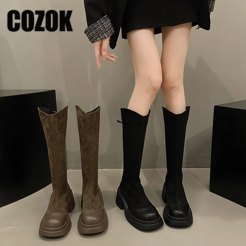 

Women Boots Fashion Platform Chunky Heels Female Stretch Flock Back Zip Thigh High Boots Winter Ladies Knee High Boots New Shoes