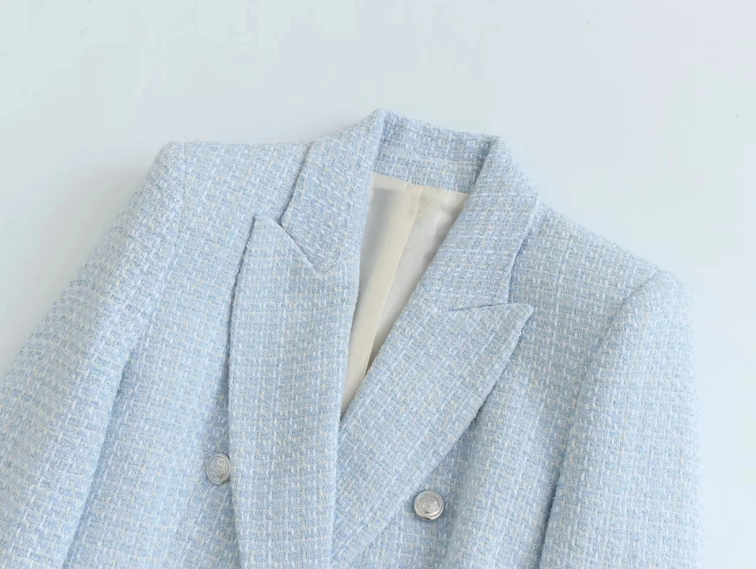 Maxdutti Enlgand Style Sky Blue Jacket Woolen Texture Fahsion Double Breasted Casual Blazers Women