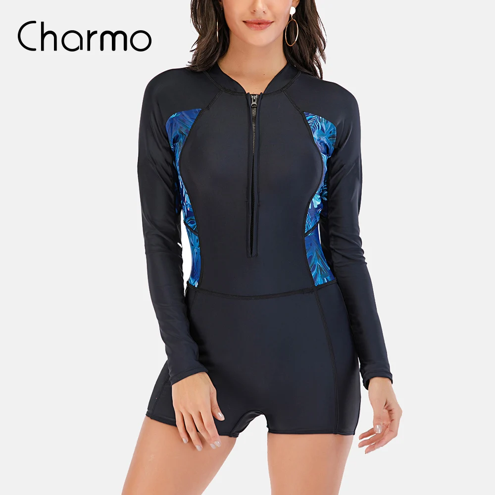 

Charmo Women's One Piece Long Sleeve Surf Suit Women Swimsuit Boxer Wetsuit Conservative Swimsuit Rash Guards