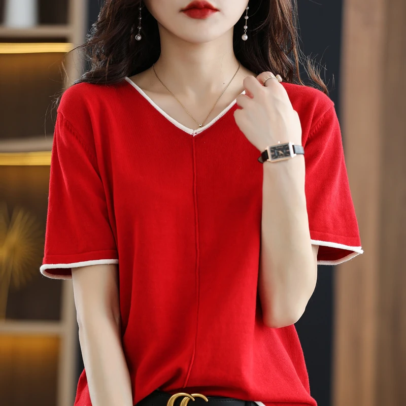 

Женская хлопковая Футболка с V-образным вырезом, пуловер с коротким рукавом, вязаный Повседневный свободный свитер, простой и удобный топ y2k