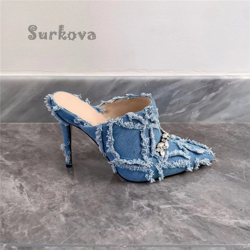 Denim Pointed Toe Crystal Pumps Sexy Fashion Thin Heel Pleated Trimmings Women's Sandals Elegant Concise High Heels Dress Shoes