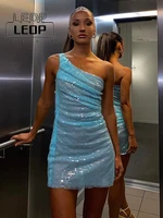 ledp summer sexy perspective club party dress birthday dress blue sequin mini dress women fashion one shoulder slim dress