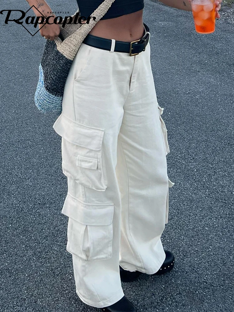 

Rapcopter White y2k Cargo Pants Vintage Big Pockets Harajuku Basic Casual Pants Women Baggy Fashion Mom Jeans Korean Joggers 90s