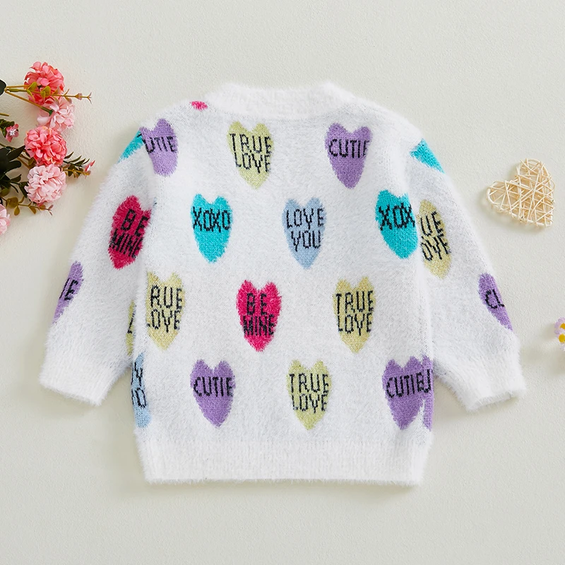 Baby Girls Cardigan Sweater Valentine Outfits Heart Letter Print Warm Knitted Long Sleeves Infant Knitwear for Toddler