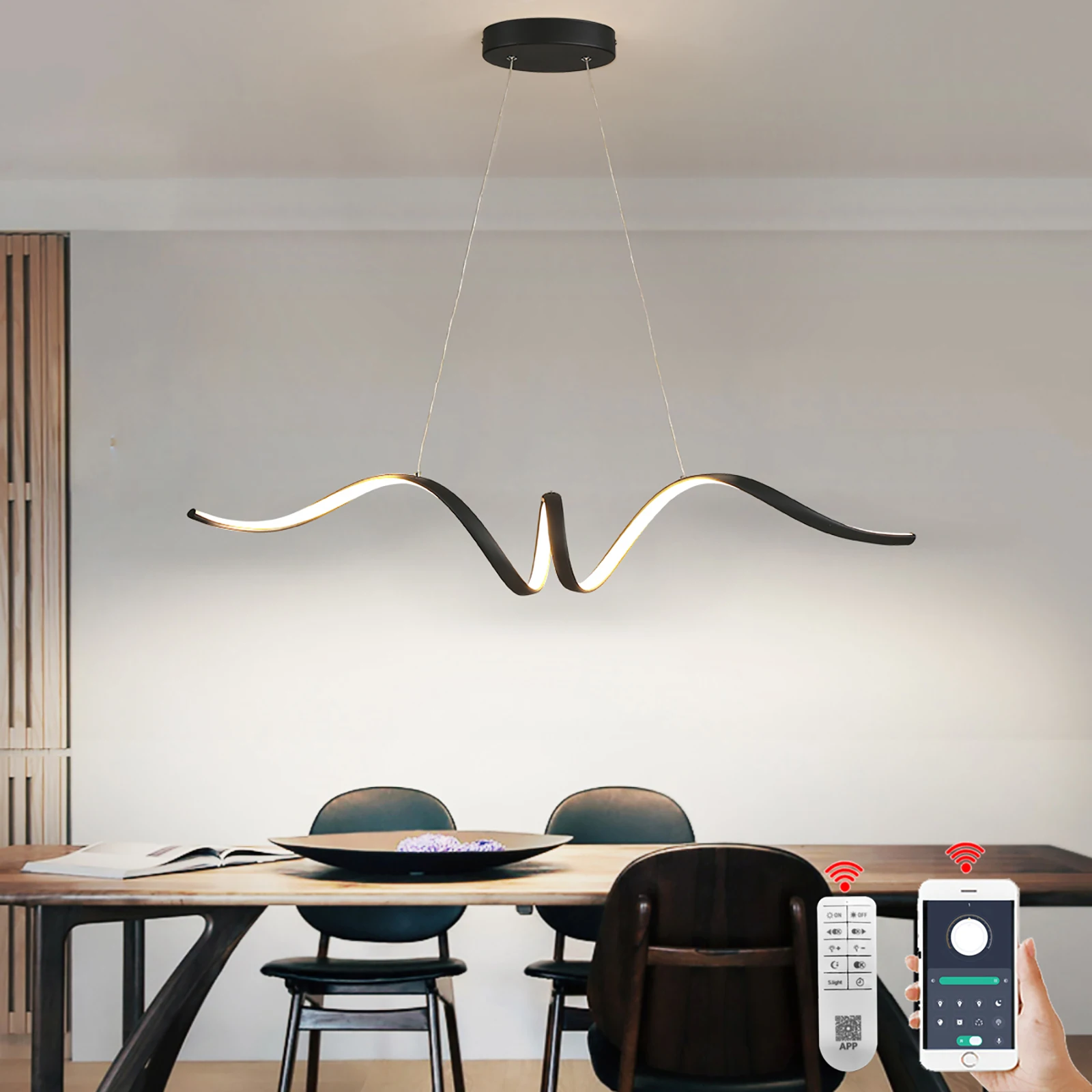 

modern pendant lights led pendant lamp Dining room Kitchen Island led chandelier Matte black Dining table lustre Alexa/Remote