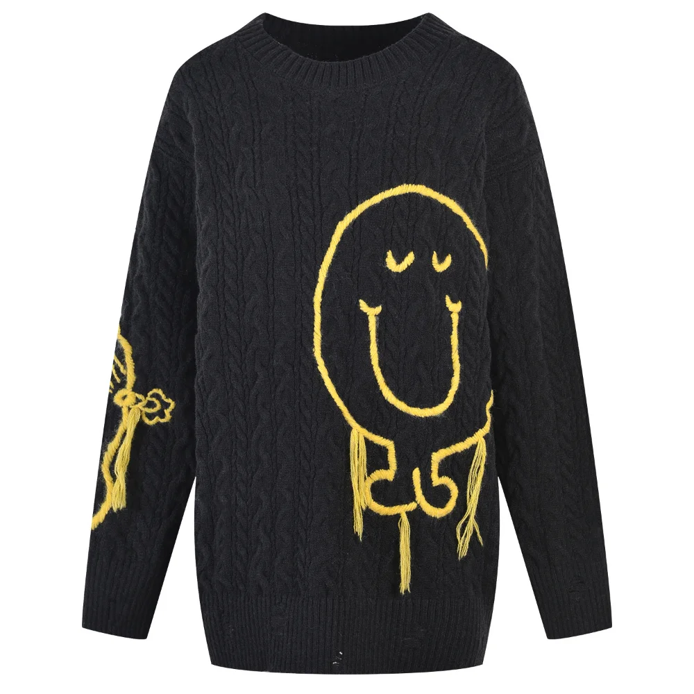 

Y2K вязаный свитер с улыбающимся лицом и бахромой, джемпер, Женский пуловер оверсайз с длинным рукавом, Длинные свободные свитера, вязаная од...