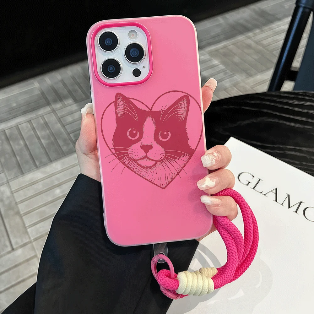 Фото Чехол для телефона Macaron для Xiaomi 17 Pro Max Mi11 Lite 5G 15T 14T Pro, противоударный, матовый, мягкий, с ремешком, милый дизайн с кошкой и сердечками №1
