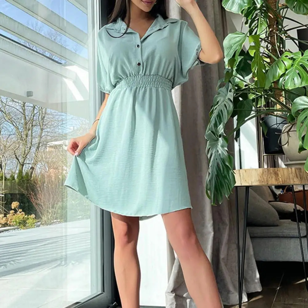 

Summer Women Dress Suit Collar Batwing Short Sleeve Elastic Waist Half Buttons Closure Solid Color Mini Dress Ladies Clothing