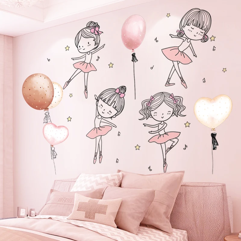 [SHIJUEHEZI] Ballett Tänzer Mädchen Wand Aufkleber DIY Cartoon Luftballons Wand Abziehbilder für Kinder Zimmer Baby Schlafzimmer Haus Dekoration