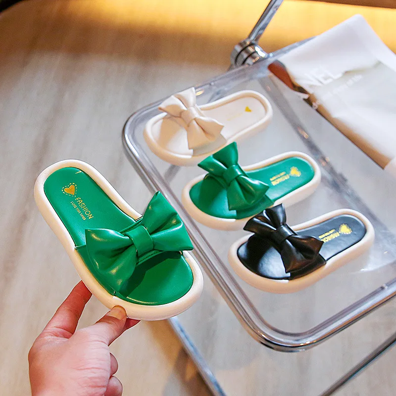 

Girls Big Bow Slippers Big PU Bow 2022 Summer Fashion Children Thick Simple Casual Princess Slippers Kids Flats Sandals