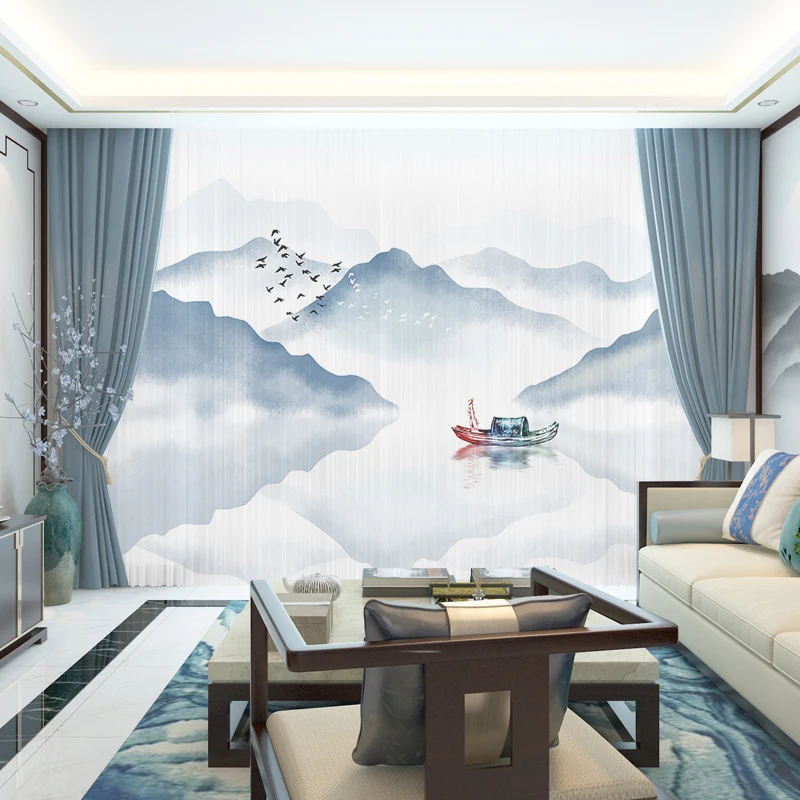 

Custom Chiffon Voile Sheer Curtain Window Tulle Drape for Bedroom Living Room Mountain Hills Water Boat Landscape White
