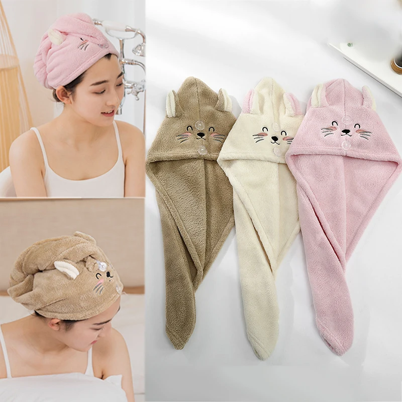 

Cartoon Embroidered Cat Triangle Cap Bathroom Supplies Dry Hair Cap Coral Velvet Hair Cap Shower Cap Cute Absorbent Comfortable
