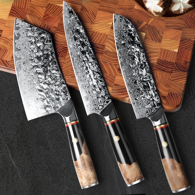 

Damascus Kitchen Knives Set 67 Layers Damascus VG10 Steel Sharp Cleaver Santoku Slicing Utility Chef Knife Wood & Resin Handle