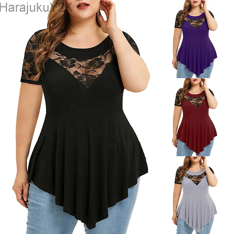 

Plus Size Women Blouse Solid Floral Lace O-Neck Asymmetric Top Women Three Quarter Tops Female Short Sleeve Blusas Pullover