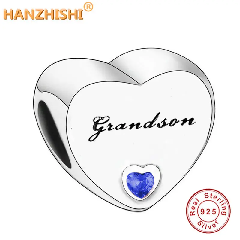 

Family Gift Authentic New 925 Sterling Silver Engrave Grandson Letter Heart Charms Beads Fit Original Bracelet Necklace Jewelry