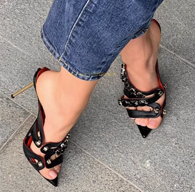 Босоножки с открытым носком и металлическими ногтями драгоценные камни острый