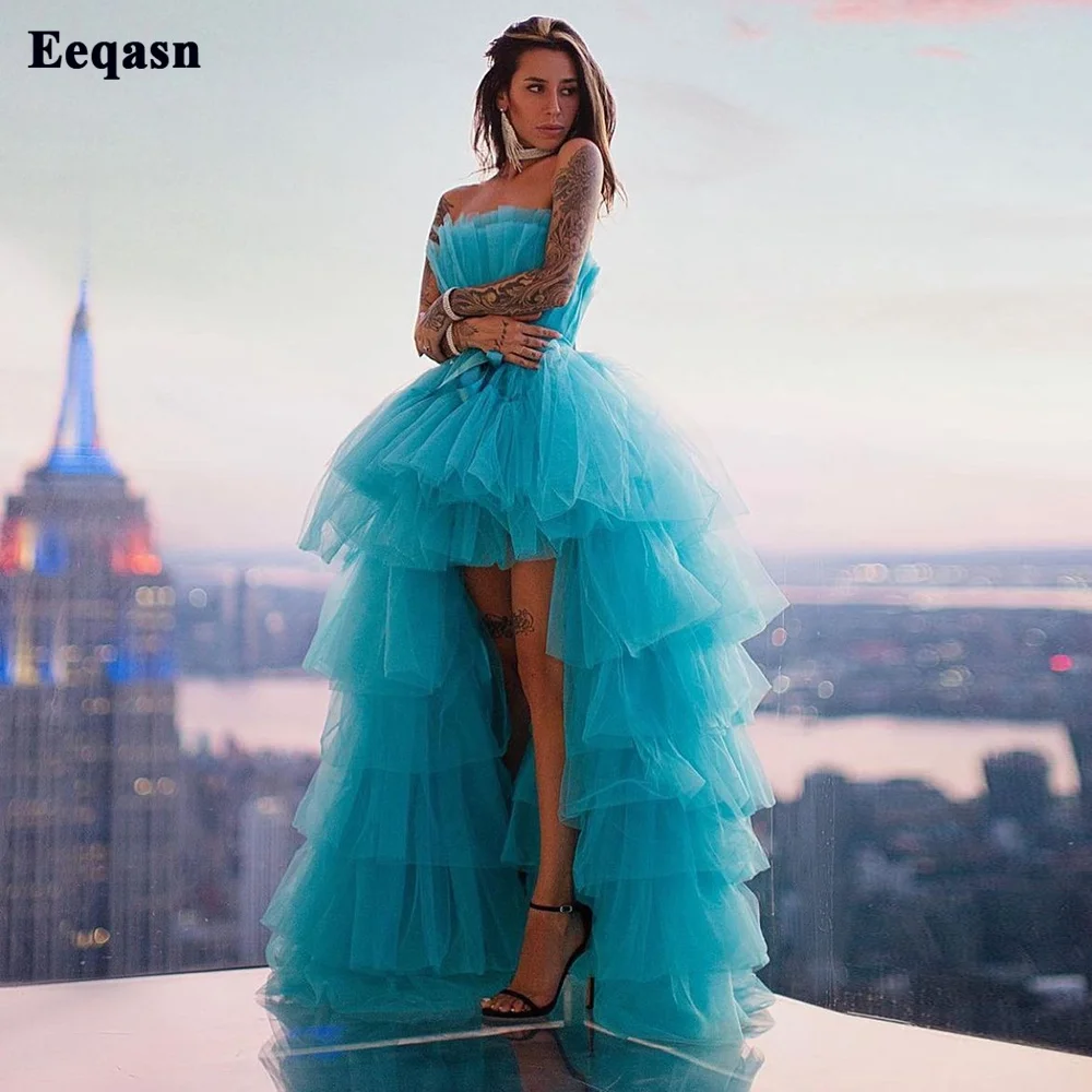 

Eeqasn Blue Short Front Long Back Prom Dresses Layered Skirt Corset Back Evening Gowns For Women Formal Occasion Party Dress
