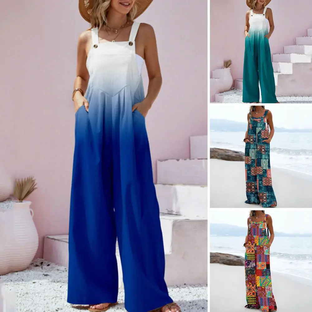 

Women Jumpsuit Pockets Loose Rompers Plaid Bohemian Overalls Jumpsuit