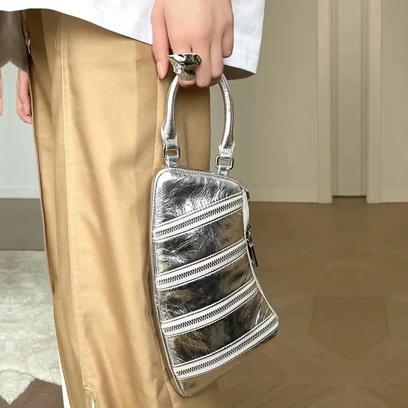 

FIRMRANCH Niche Unique Zipper Design All-Match Irregular Reflective Silver Handbag Women's Chain Shoulder Crossbody Phone Bag