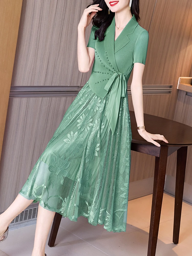 Летнее розовое Сетчатое ажурное платье средней длины в стиле пэчворк летнее