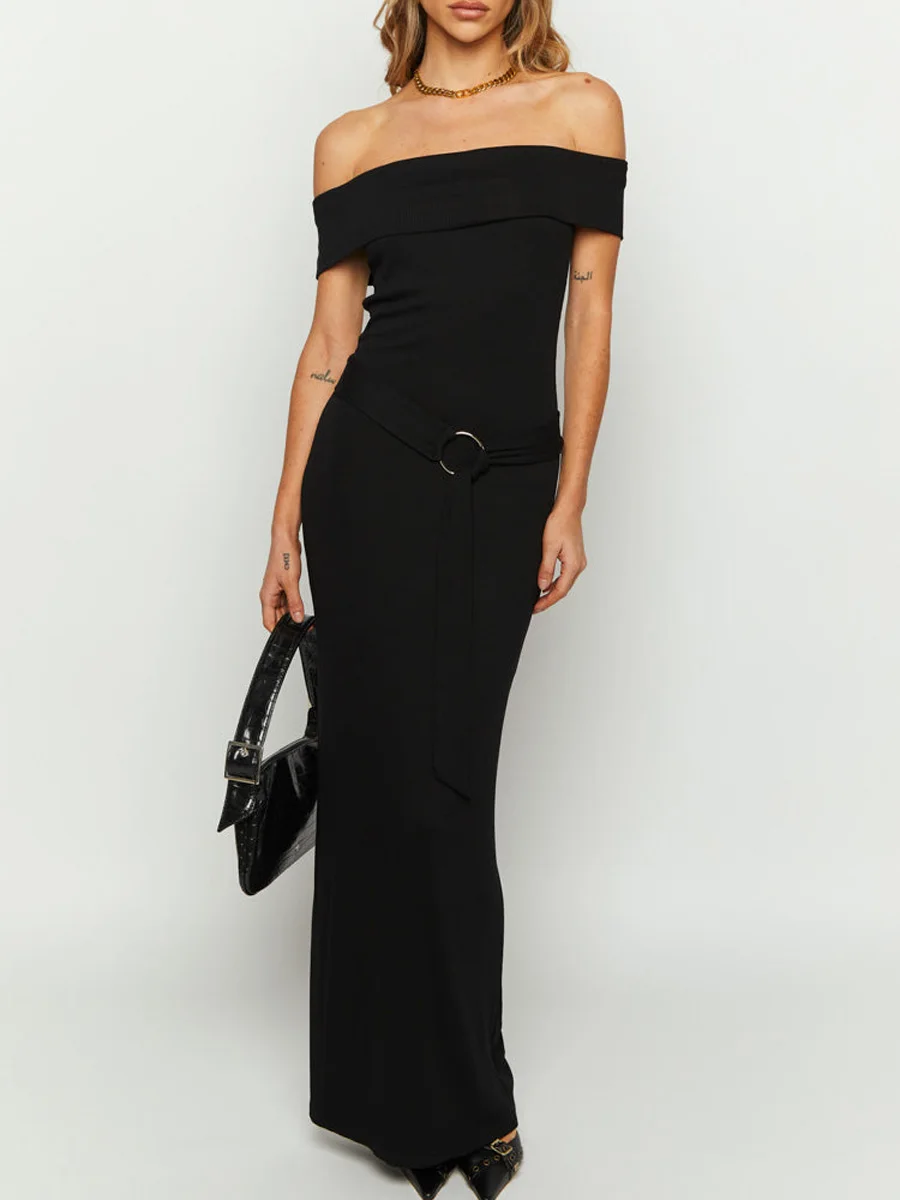 

Элегантное Длинное облегающее платье с открытыми плечами, Черное Платье макси с металлическим кольцом и поясом, вечернее платье с открытой спиной и коротким рукавом, осенняя одежда