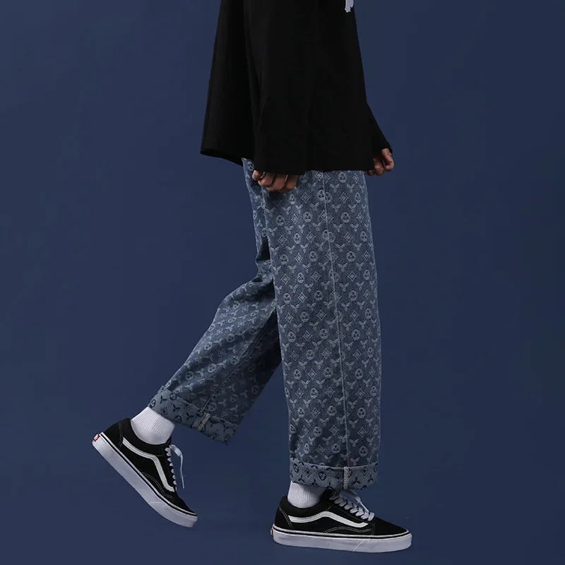 Vintage Wide Leg Pants 2023 Man Jacquard Cashew Print Jeans Korean Fashion Mid Waist Straight Jean Streetwear Men Spring Autumn