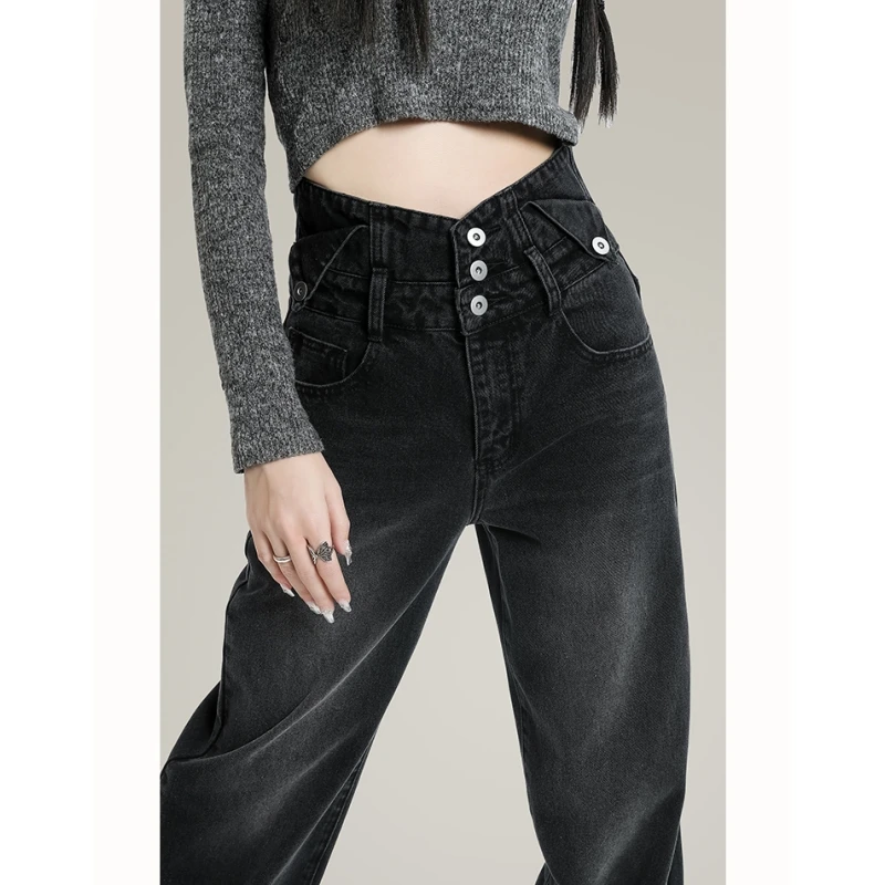 

Черные женские джинсы, нестандартные винтажные американские модные уличные стильные джинсы с широкими штанинами, женские новые прямые мешковатые джинсовые брюки