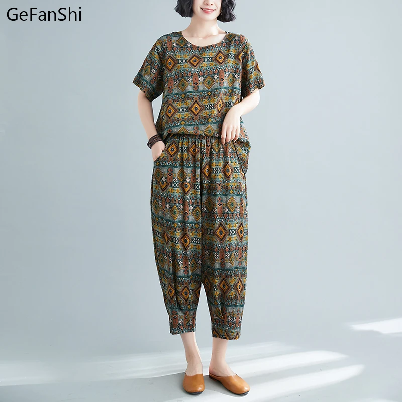 

2022 New Thin Soft Loose Tops Pants Women Clothes Sets Print Vintage Woman Summer Sets Loose Holiday Travel Casual Sets Suits