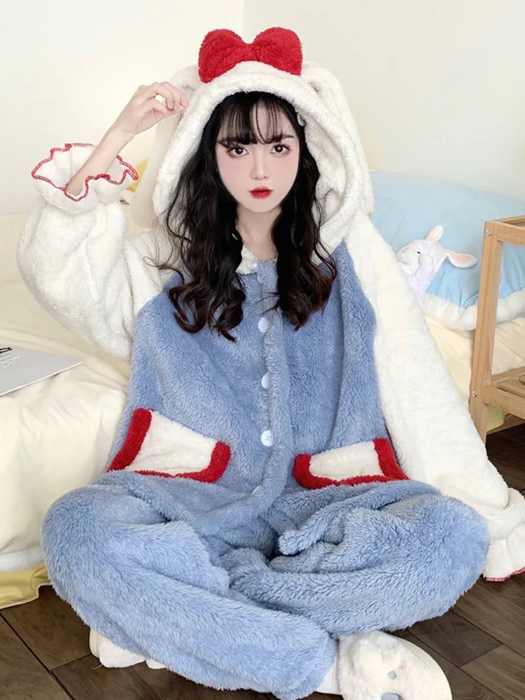 KIMOKOKM Sweet Princess Style Tracksuit Kawaii Bow Hooded Soft Full Sleeve Top Coral Fleece Pajamas Home Girly Two-Piece Suit